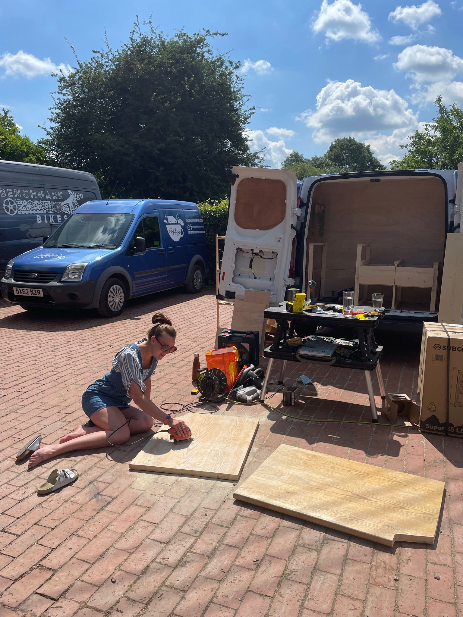 Busy sanding the wood for the coffee van conversion